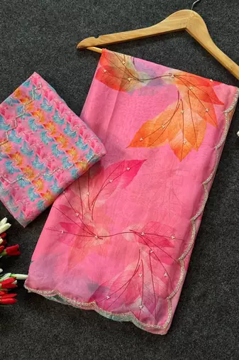 Light Pink Color Flower Print and Cut Dana Work With Moti Work  Organza Saree