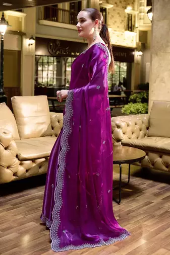 Magenta embroidered embellished shimmer chiffon bollywood saree with blouse