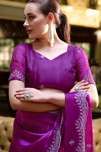 Magenta embroidered embellished shimmer chiffon bollywood saree with blouse