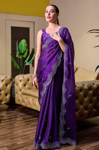 Purple embroidered embellished shimmer chiffon bollywood saree with blouse