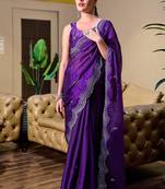 Purple embroidered embellished shimmer chiffon bollywood saree with blouse