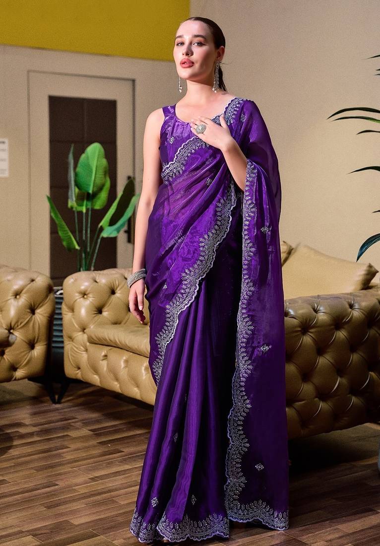 Purple embroidered embellished shimmer chiffon bollywood saree with blouse