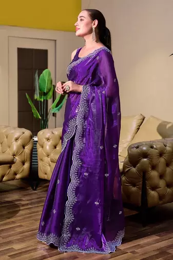 Purple embroidered embellished shimmer chiffon bollywood saree with blouse