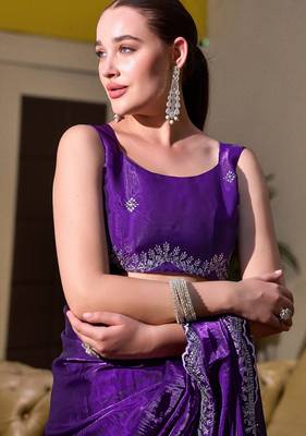 Purple embroidered embellished shimmer chiffon bollywood saree with blouse 5