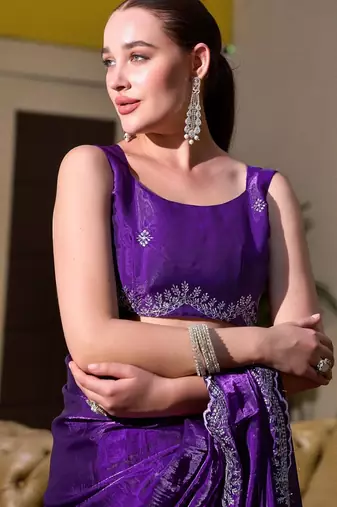 Purple embroidered embellished shimmer chiffon bollywood saree with blouse