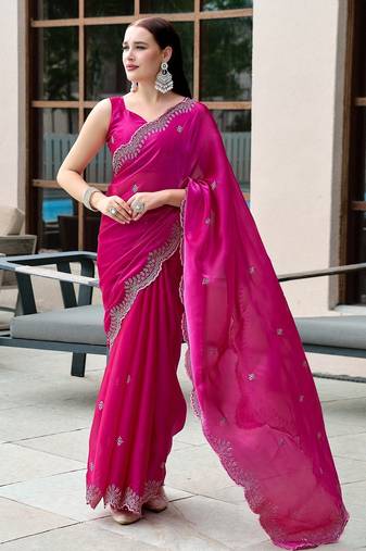 Rani pink embroidered embellished shimmer chiffon bollywood saree with blouse
