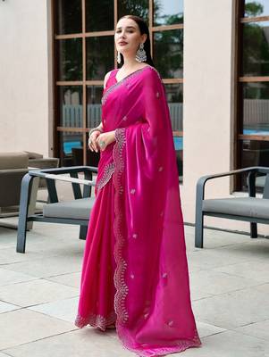 Rani pink embroidered embellished shimmer chiffon bollywood saree with blouse 2