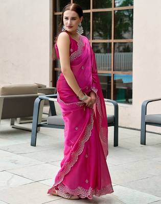 Rani pink embroidered embellished shimmer chiffon bollywood saree with blouse 3
