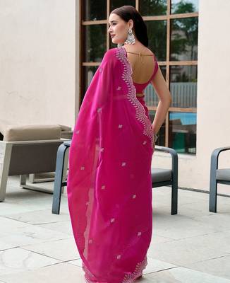 Rani pink embroidered embellished shimmer chiffon bollywood saree with blouse 4