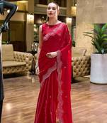 Red embroidered embellished shimmer chiffon bollywood saree with blouse