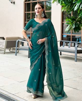 Teal green embroidered embellished shimmer chiffon bollywood saree with blouse 1