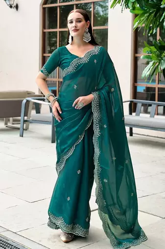 Teal green embroidered embellished shimmer chiffon bollywood saree with blouse