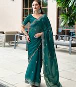 Teal green embroidered embellished shimmer chiffon bollywood saree with blouse