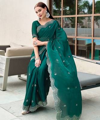 Teal green embroidered embellished shimmer chiffon bollywood saree with blouse 2