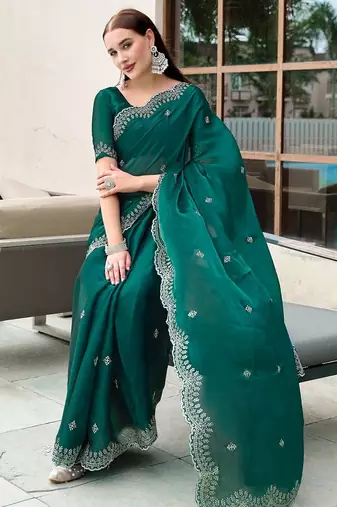 Teal green embroidered embellished shimmer chiffon bollywood saree with blouse