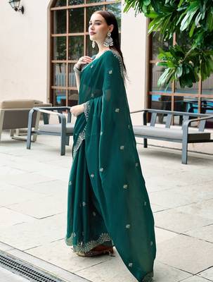Teal green embroidered embellished shimmer chiffon bollywood saree with blouse 3