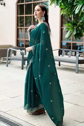 Teal green embroidered embellished shimmer chiffon bollywood saree with blouse