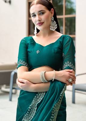 Teal green embroidered embellished shimmer chiffon bollywood saree with blouse 5