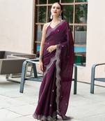 Wine embroidered embellished shimmer chiffon bollywood saree with blouse