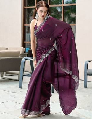 Wine embroidered embellished shimmer chiffon bollywood saree with blouse 2