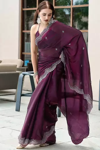 Wine embroidered embellished shimmer chiffon bollywood saree with blouse