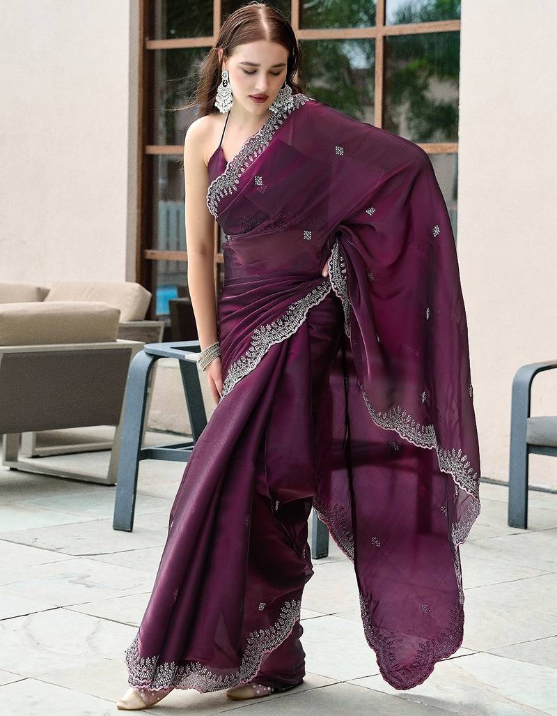 Wine embroidered embellished shimmer chiffon bollywood saree with blouse