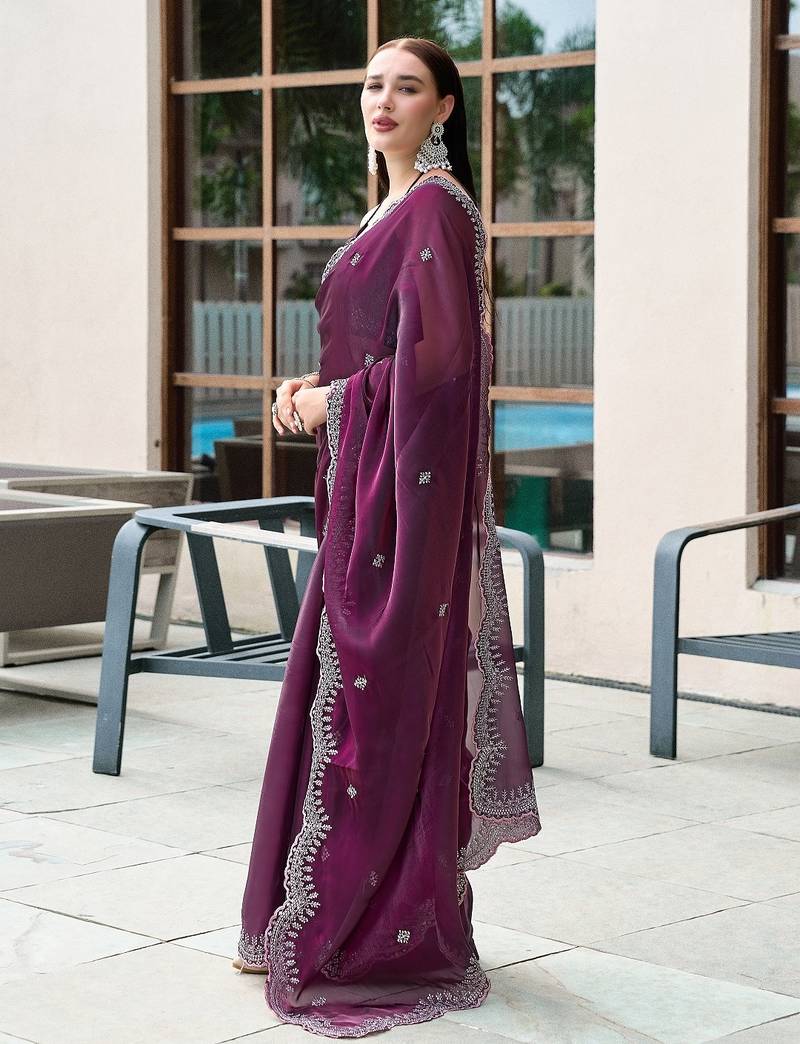 Wine embroidered embellished shimmer chiffon bollywood saree with blouse