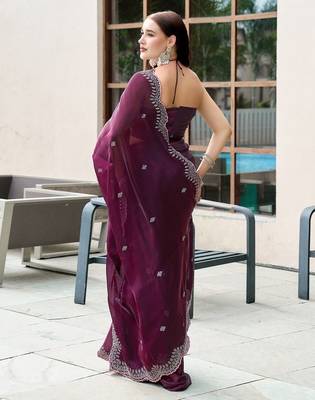Wine embroidered embellished shimmer chiffon bollywood saree with blouse 4