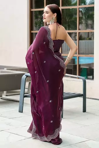 Wine embroidered embellished shimmer chiffon bollywood saree with blouse