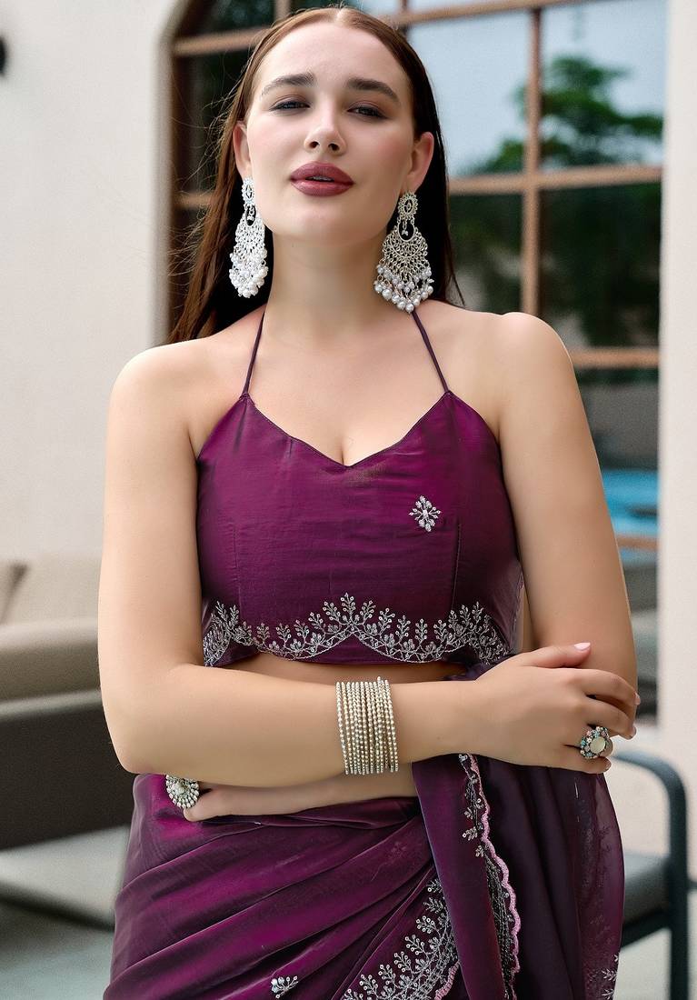 Wine embroidered embellished shimmer chiffon bollywood saree with blouse