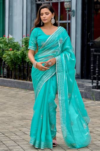 Aqua blue embroidered embellished shimmer chiffon bollywood saree with blouse