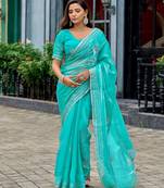 Aqua blue embroidered embellished shimmer chiffon bollywood saree with blouse