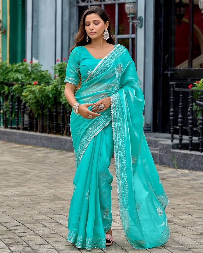 Aqua blue embroidered embellished shimmer chiffon bollywood saree with blouse