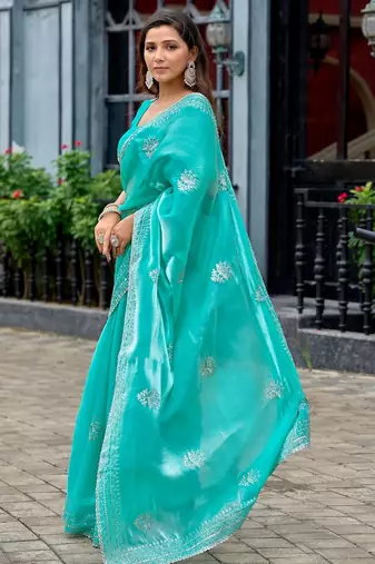 Aqua blue embroidered embellished shimmer chiffon bollywood saree with blouse