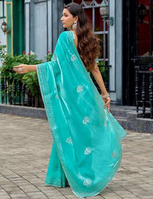 Aqua blue embroidered embellished shimmer chiffon bollywood saree with blouse 4