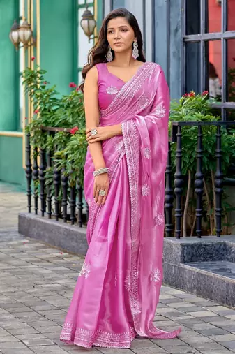 Baby pink embroidered embellished shimmer chiffon bollywood saree with blouse