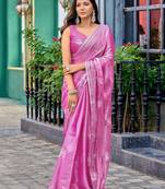Baby pink embroidered embellished shimmer chiffon bollywood saree with blouse