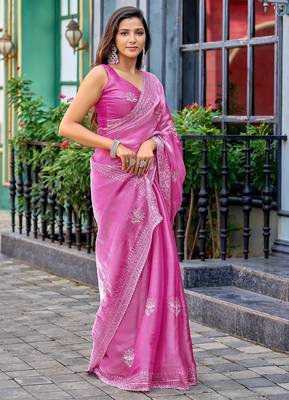 Baby pink embroidered embellished shimmer chiffon bollywood saree with blouse 2
