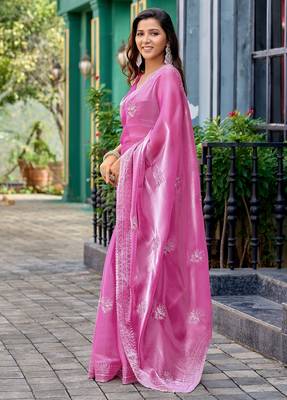Baby pink embroidered embellished shimmer chiffon bollywood saree with blouse 3