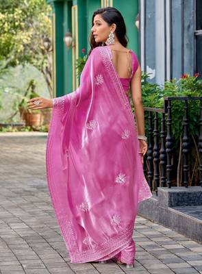 Baby pink embroidered embellished shimmer chiffon bollywood saree with blouse 4