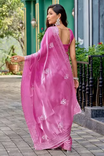 Baby pink embroidered embellished shimmer chiffon bollywood saree with blouse