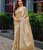 Beige embroidered embellished shimmer chiffon bollywood saree with blouse