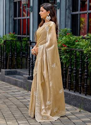 Beige embroidered embellished shimmer chiffon bollywood saree with blouse 3