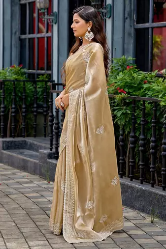 Beige embroidered embellished shimmer chiffon bollywood saree with blouse