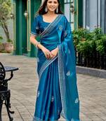 Blue embroidered embellished shimmer chiffon bollywood saree with blouse