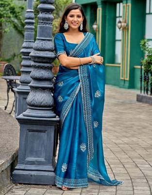 Blue embroidered embellished shimmer chiffon bollywood saree with blouse 2