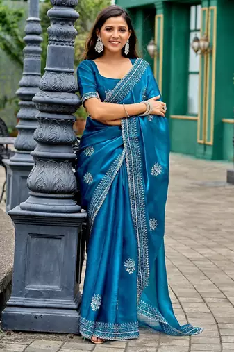 Blue embroidered embellished shimmer chiffon bollywood saree with blouse
