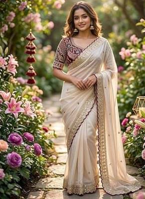 Off White Color embroidery sequence buttis  and work Satin Saree 1