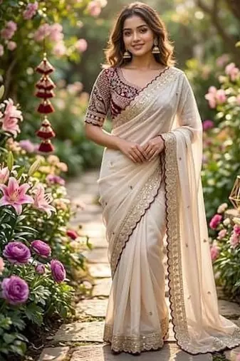 Off White Color embroidery sequence buttis  and work Satin Saree