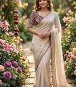 Off White Color embroidery sequence buttis  and work Satin Saree